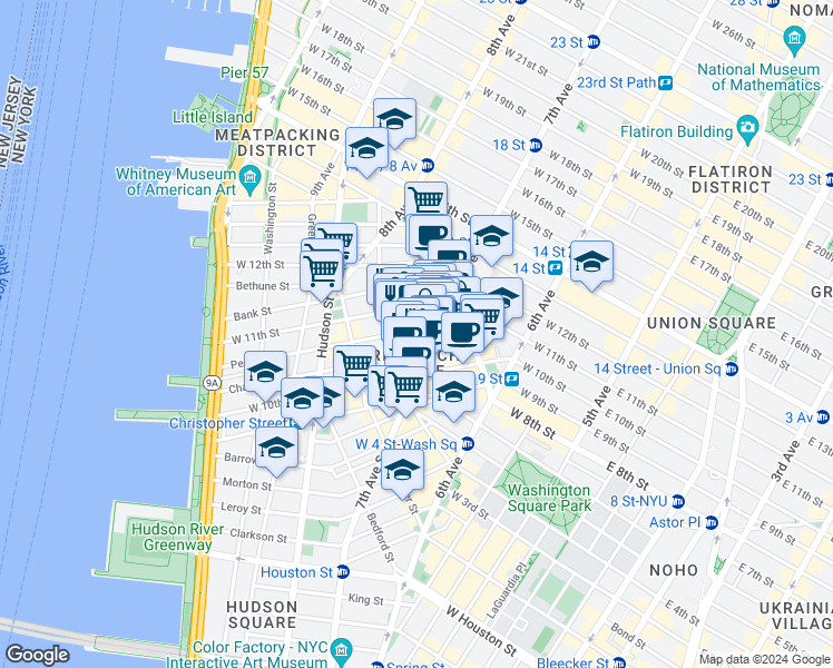map of restaurants, bars, coffee shops, grocery stores, and more near 34 Perry Street in New York