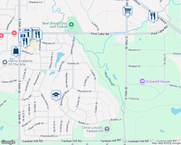 map of restaurants, bars, coffee shops, grocery stores, and more near 7505 South 66th Street in Lincoln