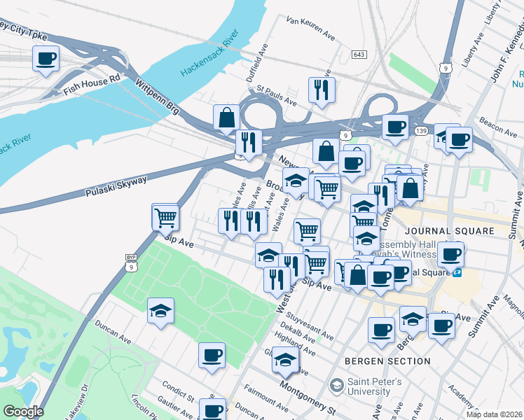 map of restaurants, bars, coffee shops, grocery stores, and more near 53 Wright Avenue in Jersey City