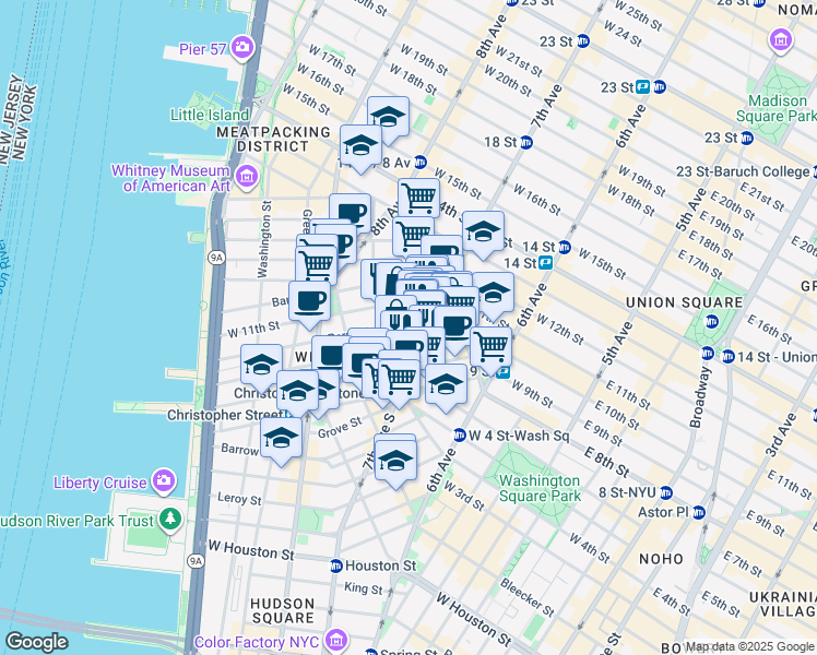 map of restaurants, bars, coffee shops, grocery stores, and more near 36 Perry Street in New York