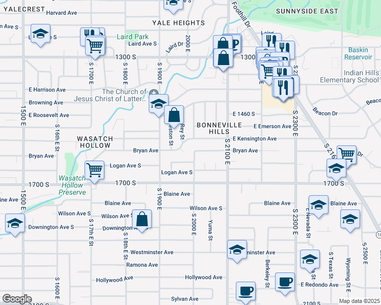 map of restaurants, bars, coffee shops, grocery stores, and more near 1562 South 2000 East in Salt Lake City