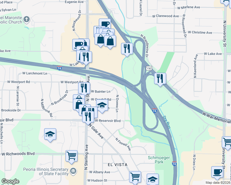 map of restaurants, bars, coffee shops, grocery stores, and more near 3909 North Donna Lane in Peoria