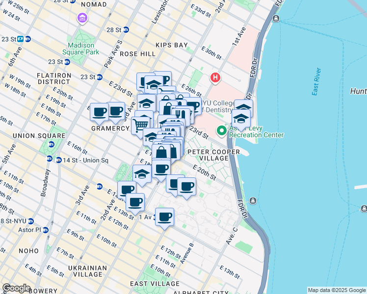 map of restaurants, bars, coffee shops, grocery stores, and more near 360 1st Avenue in New York