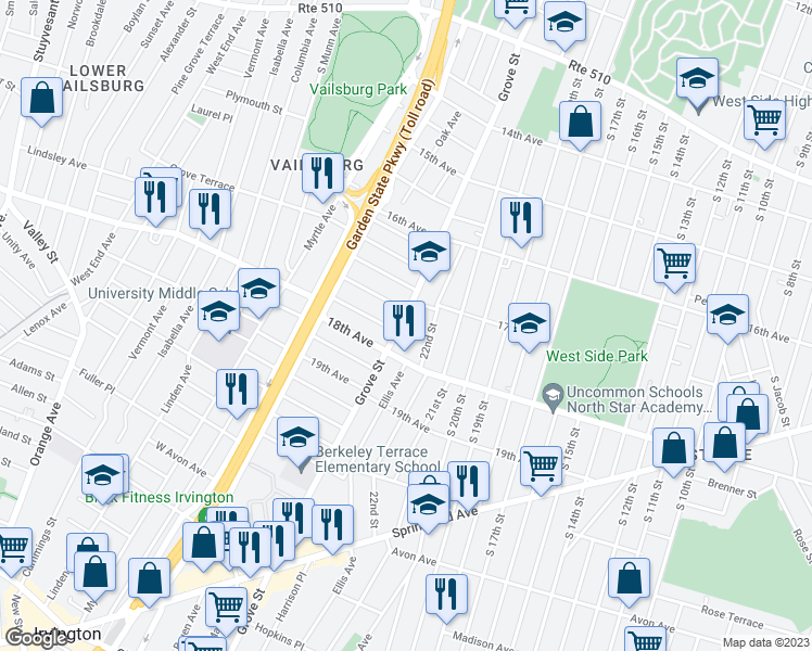 map of restaurants, bars, coffee shops, grocery stores, and more near 646 Grove Street in Irvington