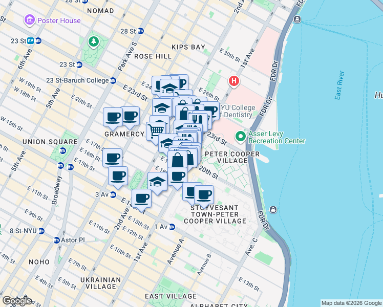 map of restaurants, bars, coffee shops, grocery stores, and more near 357 1st Avenue in New York