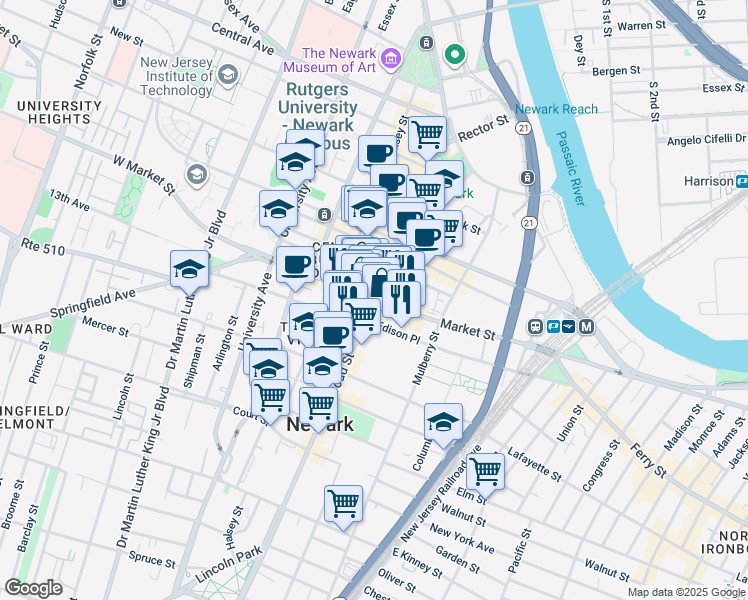 map of restaurants, bars, coffee shops, grocery stores, and more near in Newark