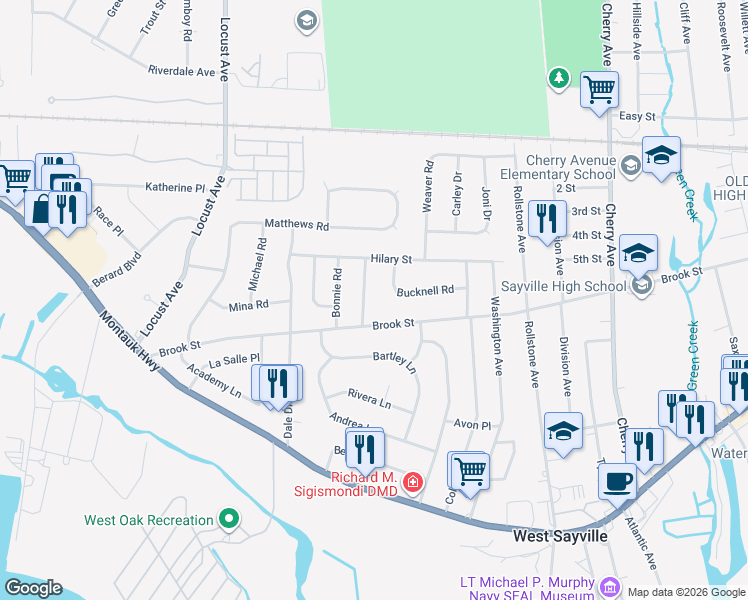 map of restaurants, bars, coffee shops, grocery stores, and more near 9 Amherst Road in West Sayville