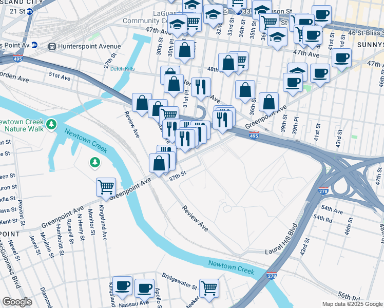 map of restaurants, bars, coffee shops, grocery stores, and more near 3235 Greenpoint Avenue in Queens