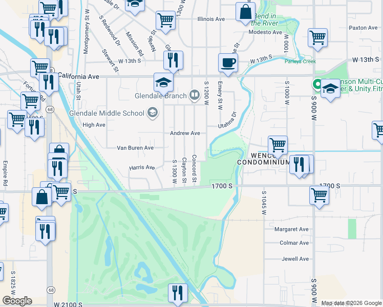 map of restaurants, bars, coffee shops, grocery stores, and more near 1556 Concord St in Salt Lake City