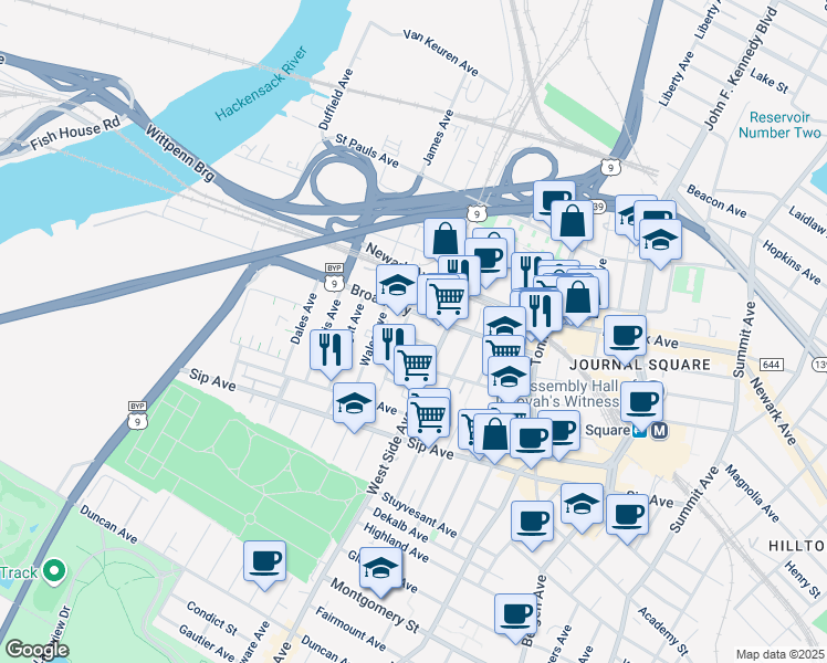 map of restaurants, bars, coffee shops, grocery stores, and more near 16 Marion Place in Jersey City