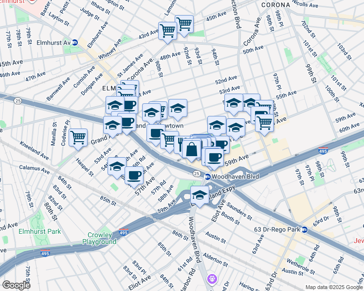 map of restaurants, bars, coffee shops, grocery stores, and more near 89-40 56th Avenue in Queens