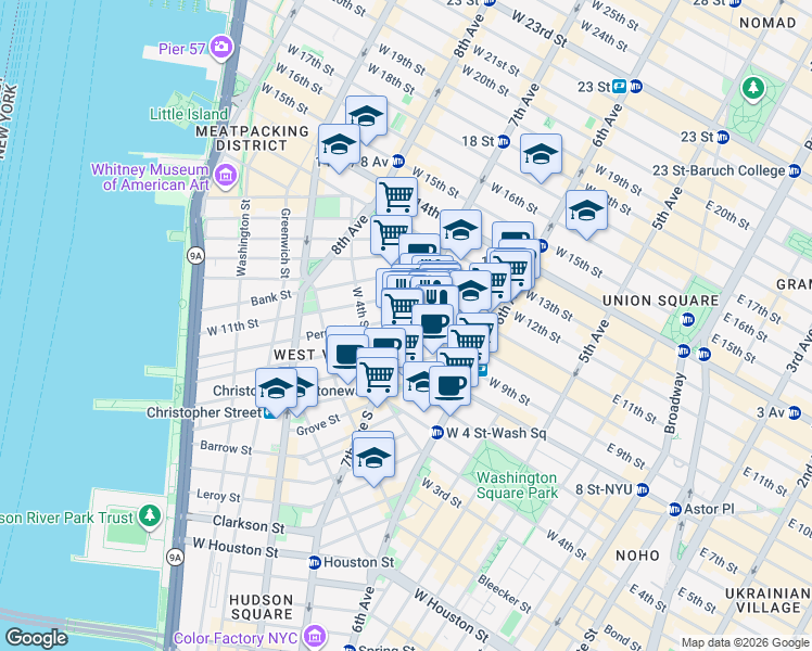 map of restaurants, bars, coffee shops, grocery stores, and more near 7th Ave S & Waverly Pl in New York