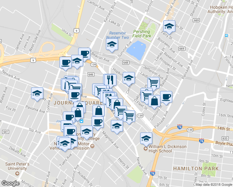 map of restaurants, bars, coffee shops, grocery stores, and more near 632 Summit Avenue in Jersey City