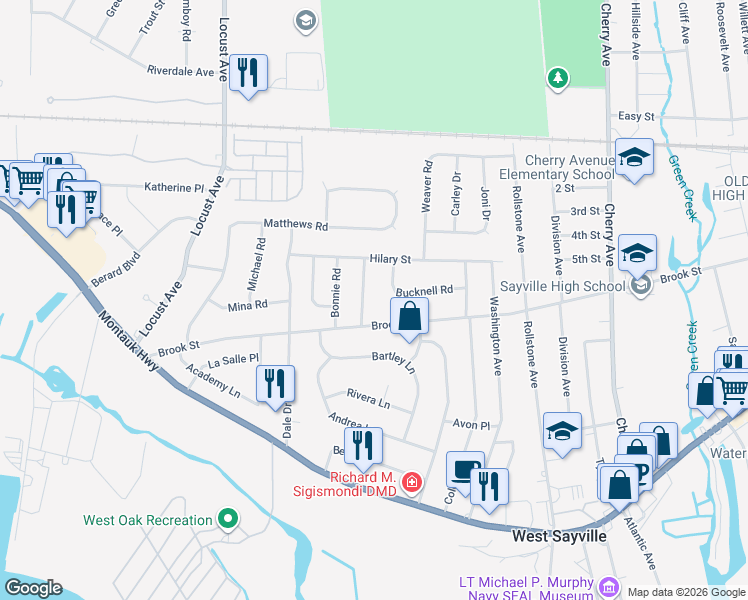 map of restaurants, bars, coffee shops, grocery stores, and more near 9 Amherst Road in West Sayville