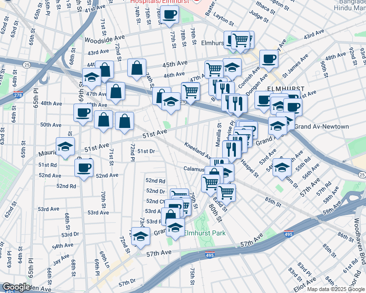 map of restaurants, bars, coffee shops, grocery stores, and more near 76-26 Kneeland Avenue in Queens