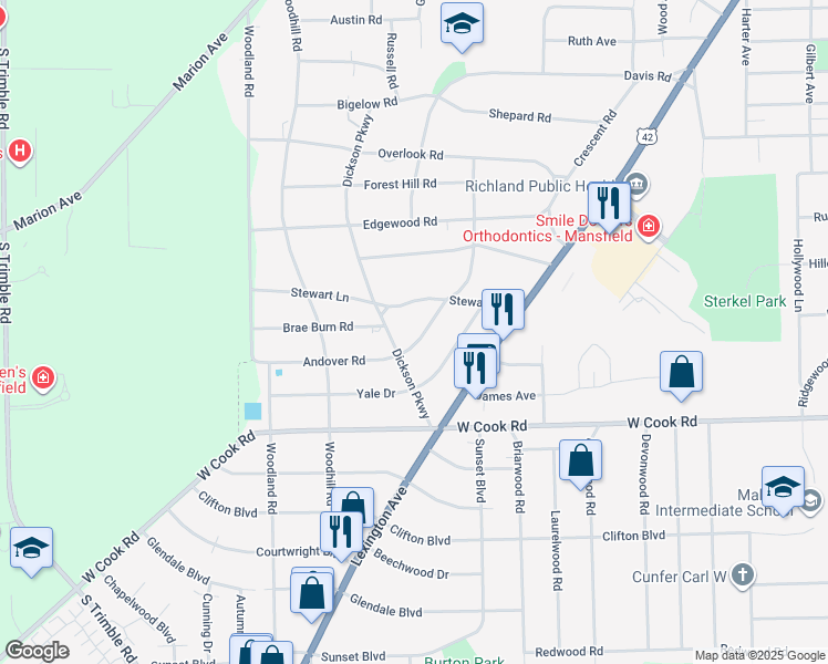 map of restaurants, bars, coffee shops, grocery stores, and more near 880 South Andover Road in Mansfield