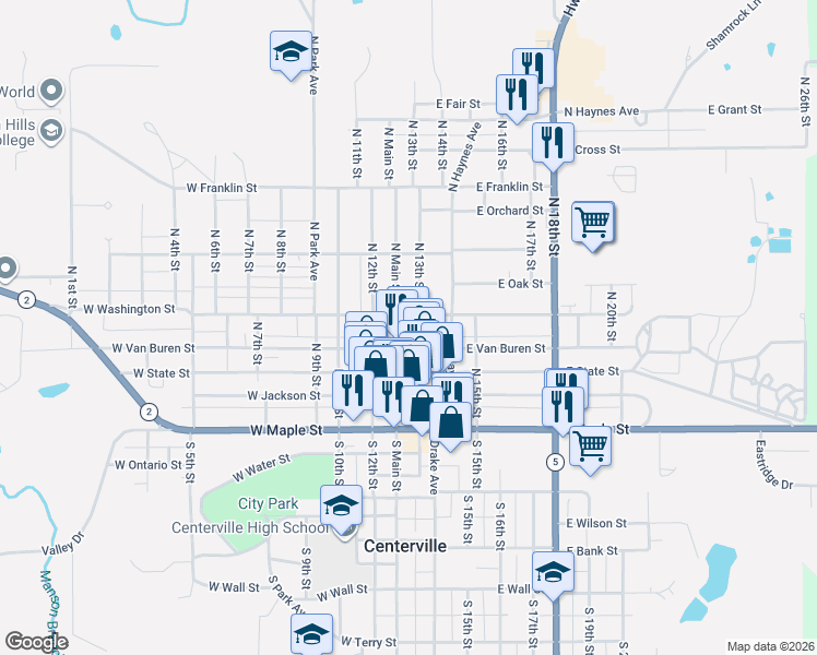 map of restaurants, bars, coffee shops, grocery stores, and more near 421 North Main Street in Centerville