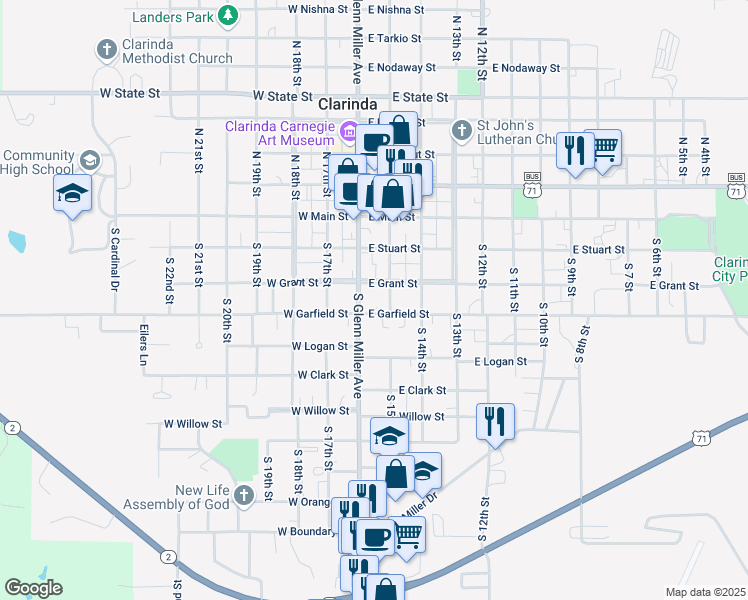map of restaurants, bars, coffee shops, grocery stores, and more near 100 East Garfield Street in Clarinda
