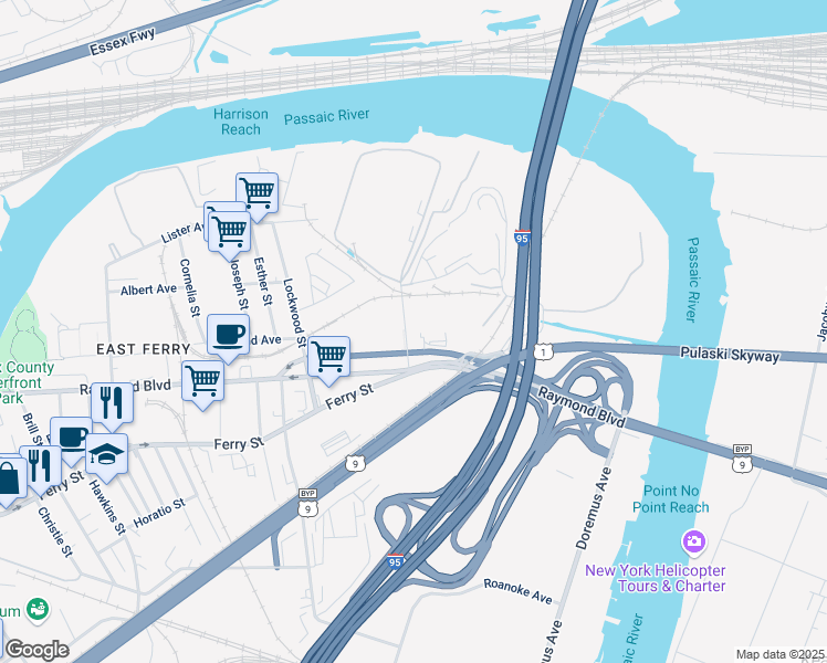 map of restaurants, bars, coffee shops, grocery stores, and more near 38 Blanchard Street in Newark