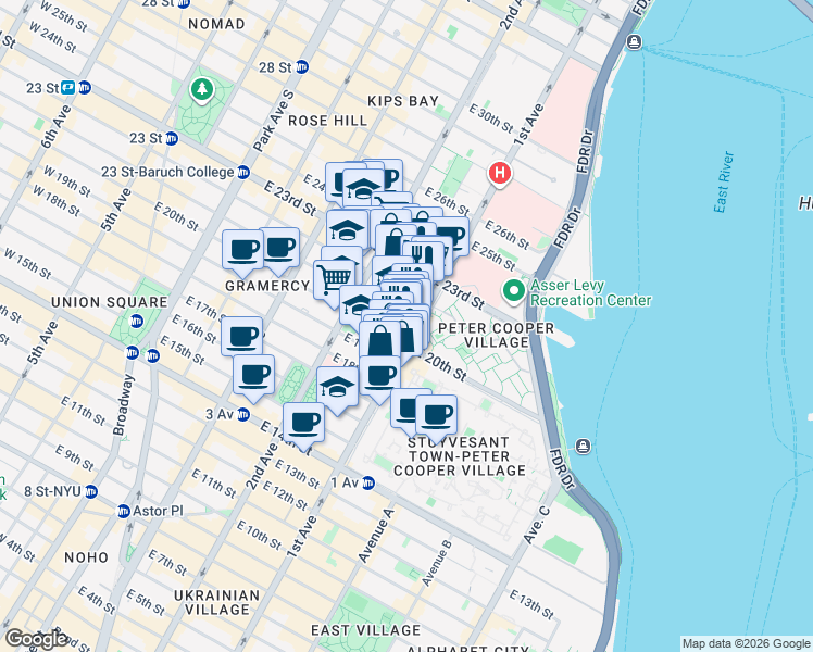 map of restaurants, bars, coffee shops, grocery stores, and more near 350 East 21st Street in New York
