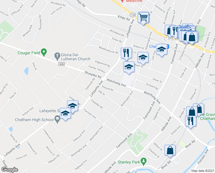 map of restaurants, bars, coffee shops, grocery stores, and more near 40 Inwood Road in Chatham