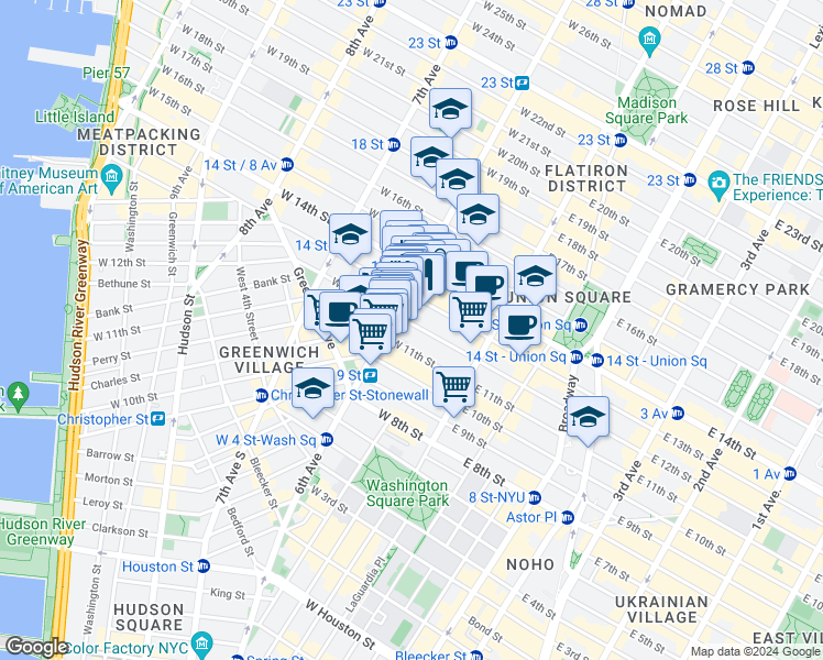 map of restaurants, bars, coffee shops, grocery stores, and more near 70 West 12th Street in New York