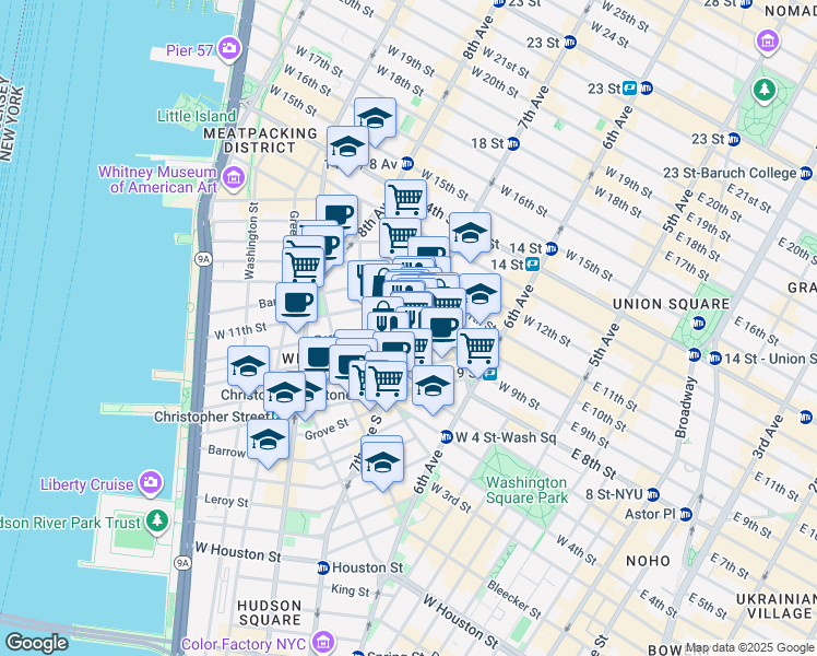 map of restaurants, bars, coffee shops, grocery stores, and more near 36 Perry Street in New York