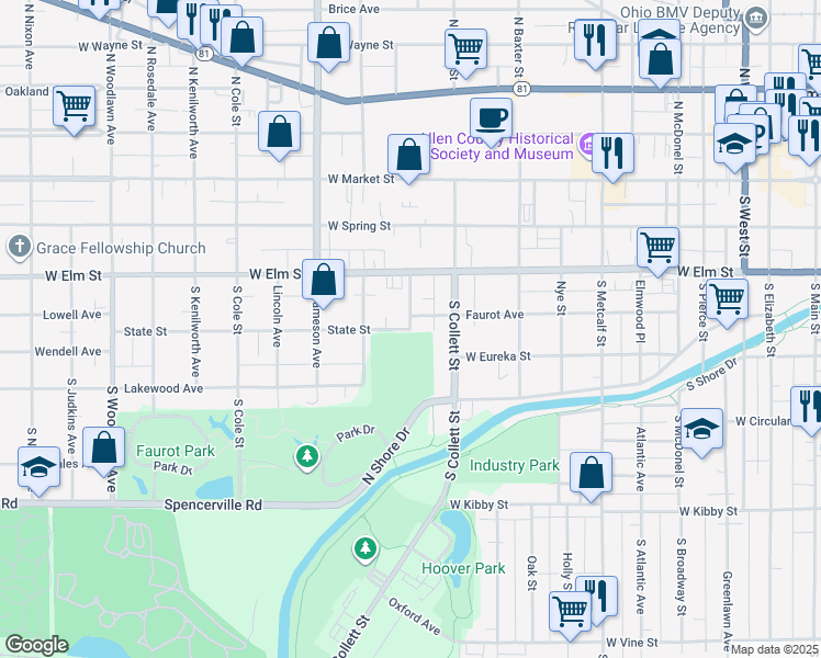 map of restaurants, bars, coffee shops, grocery stores, and more near 701 State Street in Lima