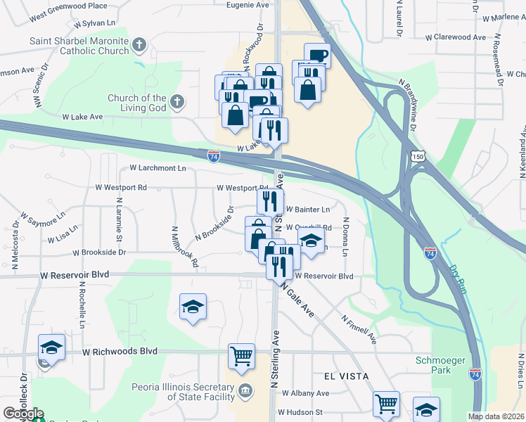 map of restaurants, bars, coffee shops, grocery stores, and more near 2512 W Bainter Ln in Peoria