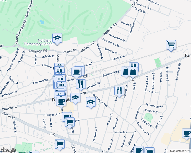 map of restaurants, bars, coffee shops, grocery stores, and more near 22 Atlantic Avenue in Farmingdale