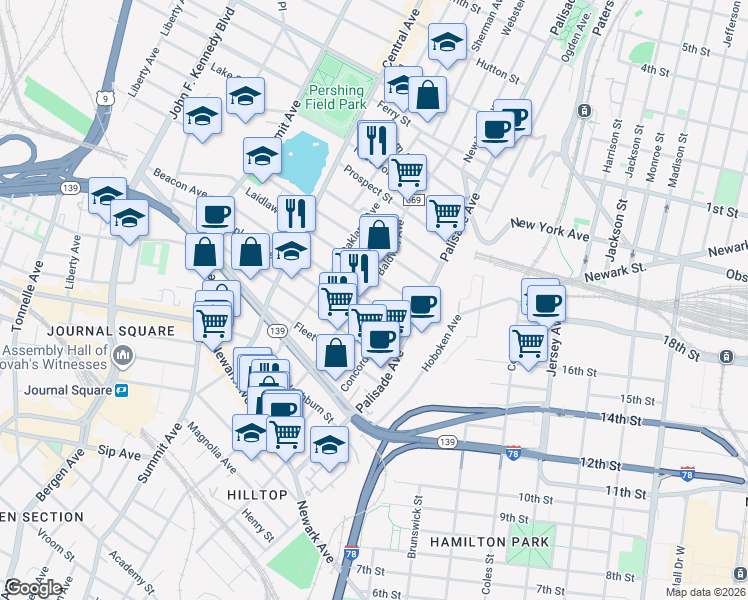 map of restaurants, bars, coffee shops, grocery stores, and more near 46 Beacon Avenue in Jersey City