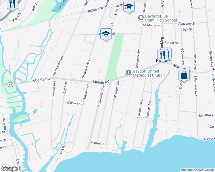 map of restaurants, bars, coffee shops, grocery stores, and more near 14 Bayview Ave in Bayport