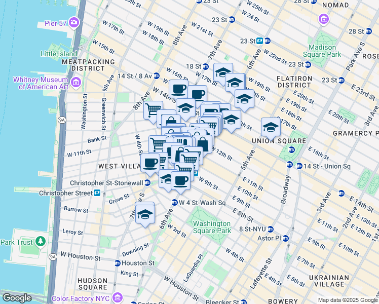map of restaurants, bars, coffee shops, grocery stores, and more near 116 West 11th Street in New York