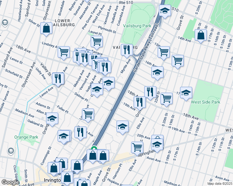 map of restaurants, bars, coffee shops, grocery stores, and more near 91 Western Pkwy in Irvington