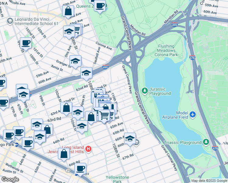 map of restaurants, bars, coffee shops, grocery stores, and more near 63-03 110th Street in Queens