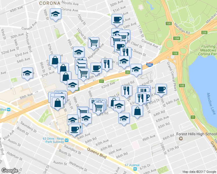 map of restaurants, bars, coffee shops, grocery stores, and more near 102-14 62nd Avenue in Queens