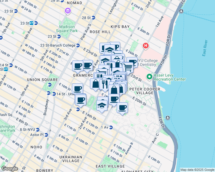 map of restaurants, bars, coffee shops, grocery stores, and more near 304 East 20th Street in New York
