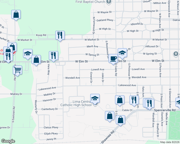 map of restaurants, bars, coffee shops, grocery stores, and more near 2701 Lowell Avenue in Lima