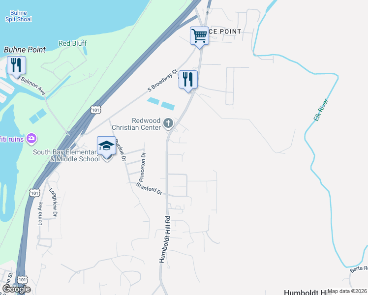 map of restaurants, bars, coffee shops, grocery stores, and more near 2345 Bongio Court in Eureka