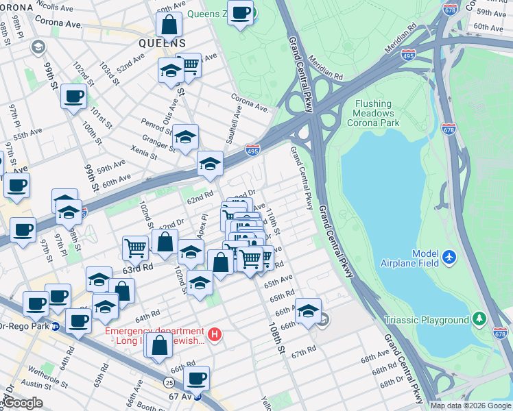 map of restaurants, bars, coffee shops, grocery stores, and more near 108-49 63rd Avenue in Queens