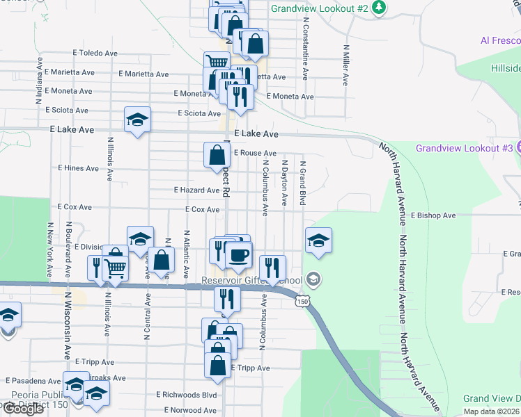 map of restaurants, bars, coffee shops, grocery stores, and more near 1411 East Crestwood Drive in Peoria