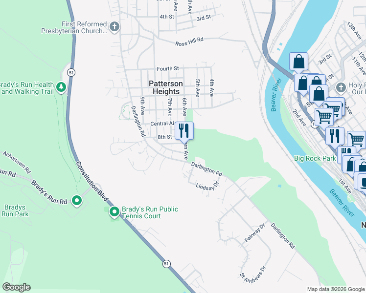 map of restaurants, bars, coffee shops, grocery stores, and more near 800 Fern Avenue in Beaver Falls