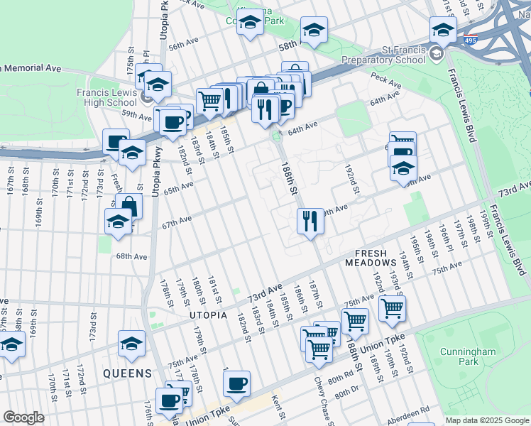 map of restaurants, bars, coffee shops, grocery stores, and more near 67-36A 186th Lane in Queens