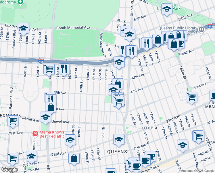 map of restaurants, bars, coffee shops, grocery stores, and more near 65-32 173rd Street in Queens