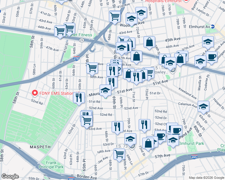 map of restaurants, bars, coffee shops, grocery stores, and more near 50-47 69th Street in Queens