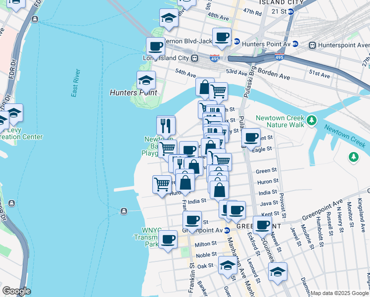 map of restaurants, bars, coffee shops, grocery stores, and more near 66 Dupont Street in Brooklyn