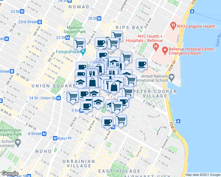 map of restaurants, bars, coffee shops, grocery stores, and more near in New York