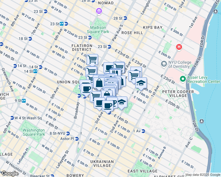map of restaurants, bars, coffee shops, grocery stores, and more near 192 3rd Avenue in New York