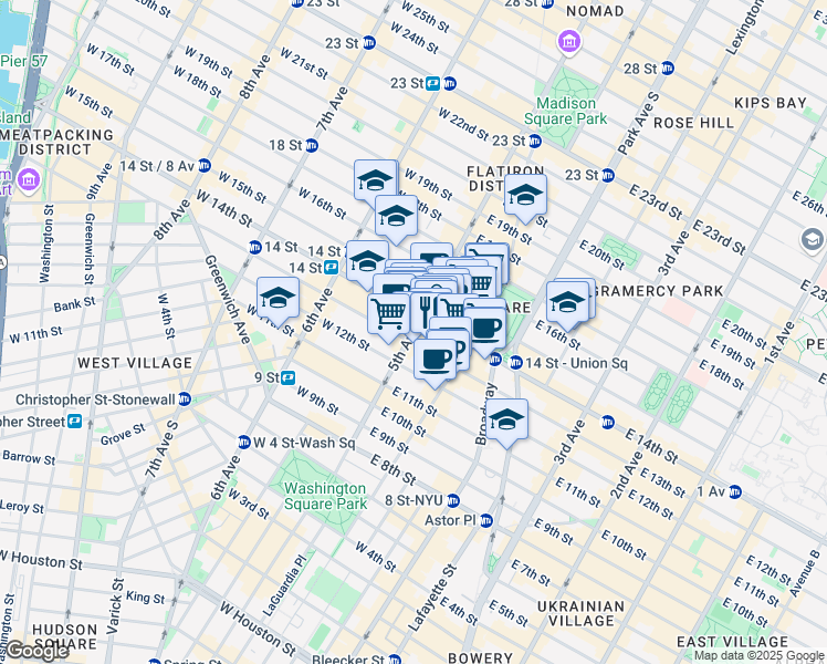 map of restaurants, bars, coffee shops, grocery stores, and more near 2 West 14th Street in New York