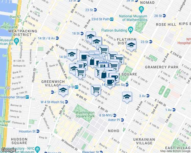 map of restaurants, bars, coffee shops, grocery stores, and more near 10 West 13th Street in New York